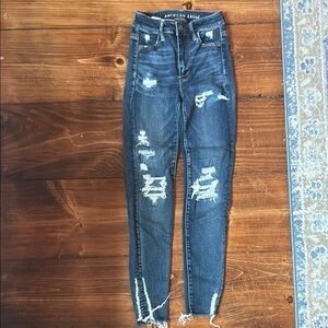 American Eagle Outfitters super High Rise Blue Jeggings Distressed